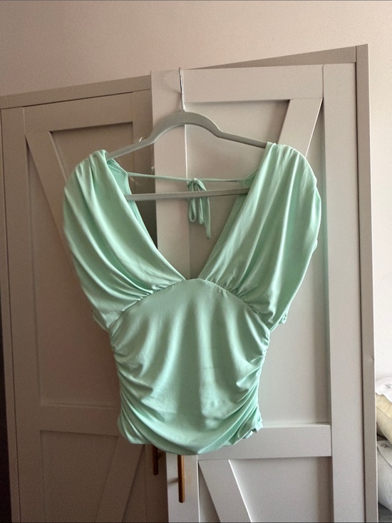 Windsor Tops - Windsor Mint Green Draped V-Neck Bodysuit